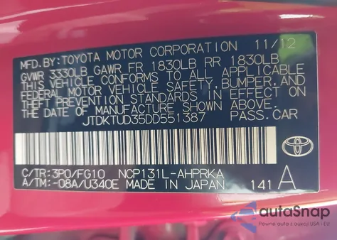 2013 Toyota Yaris Le from USA, damaged, VIN JTDKTUD35DD551387